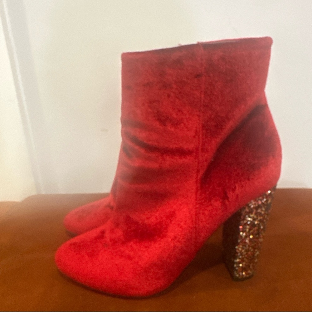 Red Velvet Ankle Boot Sparkly High Heel Neiman Marcus bling